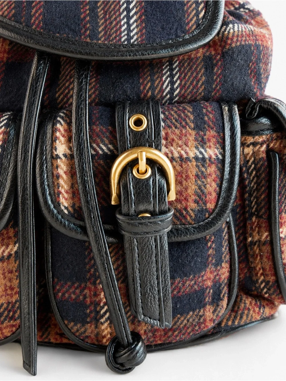 Madden Girl Navy Blue, Tan and Red Plaid Mini Backpack with Gold Hardware